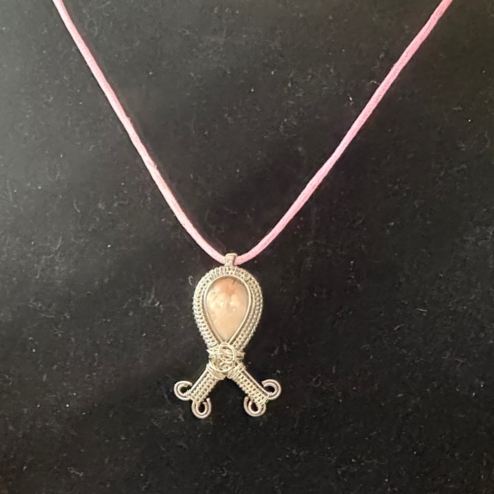 Pink Thomsonite Stone Silver-Tone Wire Wrapped Pendant Necklace